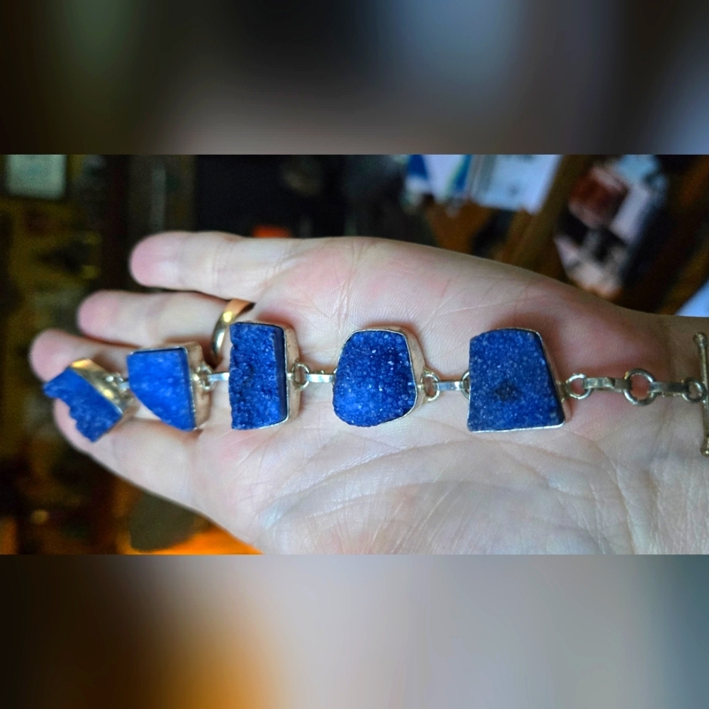 Saphire druzy Stone Sterling Bracelet 7" adjustable